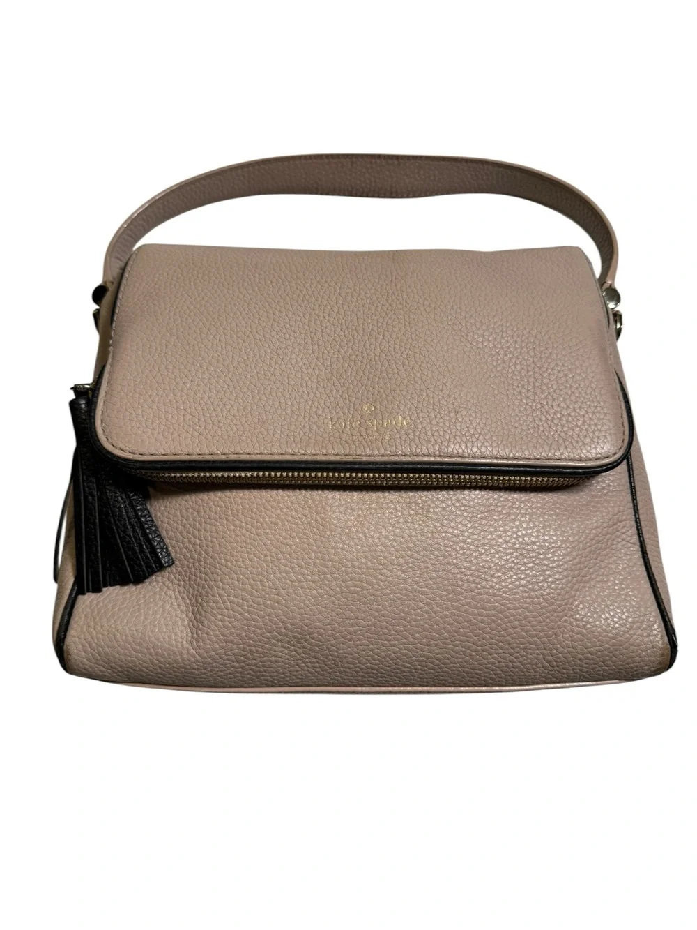 Kate Spade New York Pebbled Leather Crossbody Bag Taupe Tassel Flap Top‎ Handle